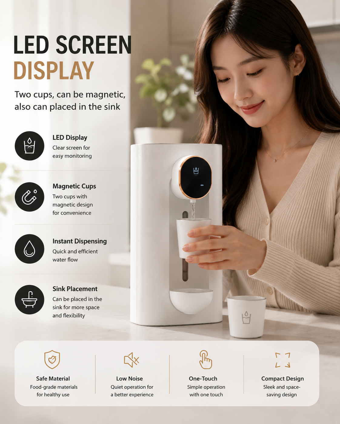 Wall Mounted Smart Mouthwash Dispenser with 2 Magnetic Cups