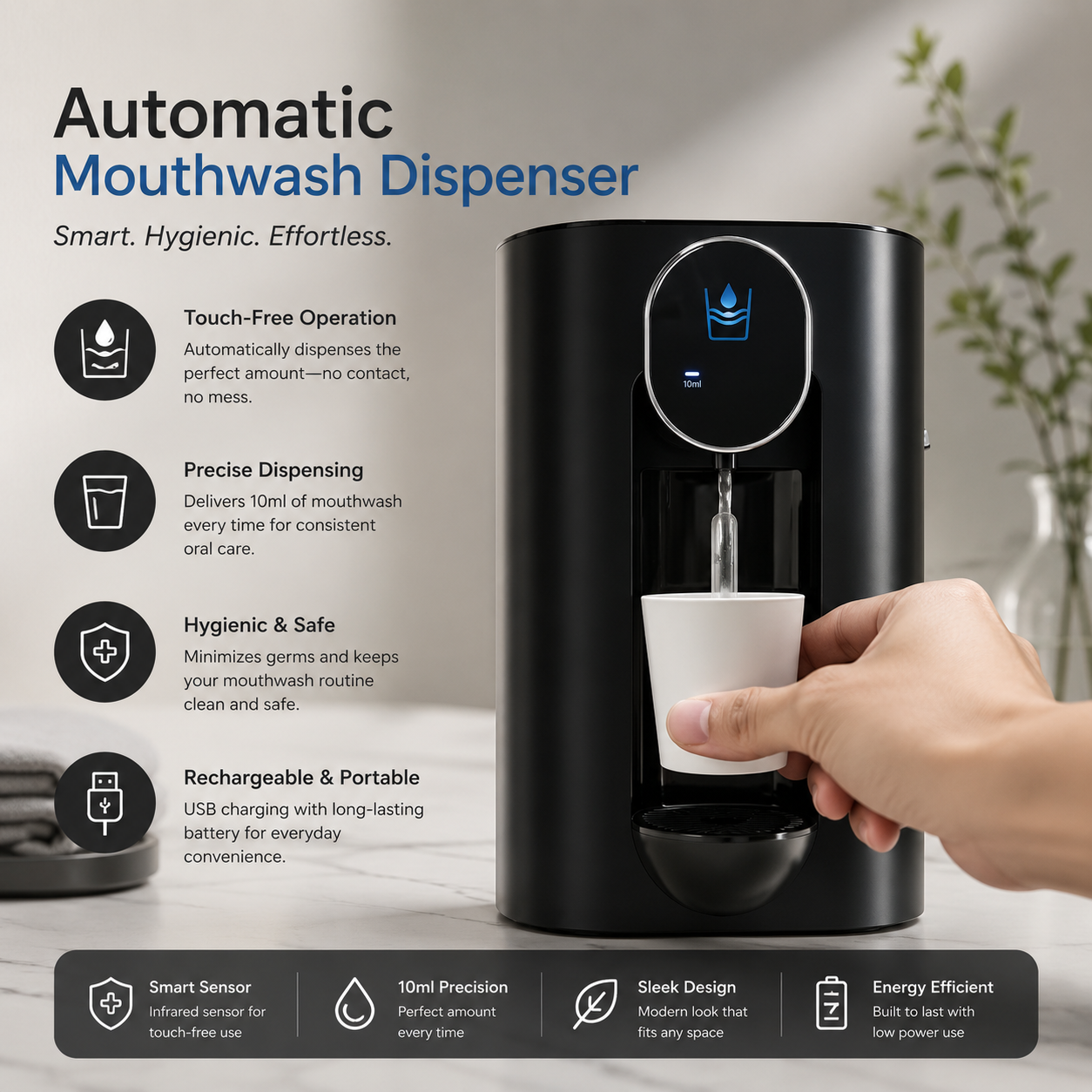 Wall Mounted Smart Mouthwash Dispenser with 2 Magnetic Cups
